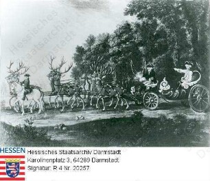 Ludwig VIII. Landgraf v. Hessen-Darmstadt (1691-1768) / Porträt bei der Jagd in einem Hirschgespann sitzend, Ganzfigur