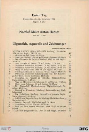 Ölgemälde, Aquarelle und Zeichnungen (Nr. 1-153)