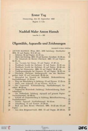Ölgemälde, Aquarelle und Zeichnungen (Nr. 1-153)
