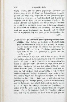 462-465 [Rezension] Hergenröther, Joseph, Handbuch der allgemeinen Kirchengeschichte