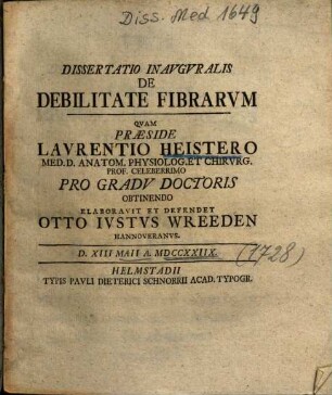 Dissertatio Inavgvralis De Debilitate Fibrarvm