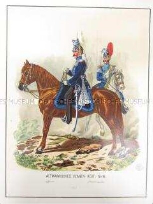 Uniformdarstellung, Offizier und Stabstrompeter des Altmärkischen Ulanen-Regiments No. 16, Preußen, 1866. Tafel 109 aus: Schindler: Suplement zum Militair-Album.