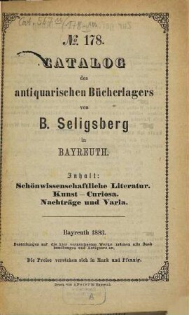 Antiquariats-Katalog. 178. 1883