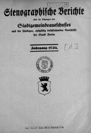2.1934: Stenographische Berichte über die Sitzungen des Stadtgemeindeausschusses und der ständigen, endgültig beschließenden Ausschüsse der Stadt Berlin
