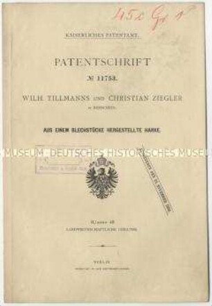 Patentschrift einer aus einem Blechstück hergestellten Harke, Patent-Nr. 11753