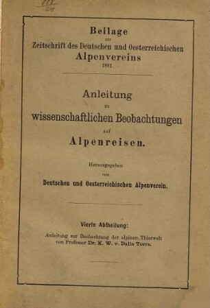 Anleitung zur Beobachtung der alpinen Thierwelt