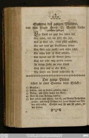 Der ganze Psalter lehret in einer Summa diese Stücke: