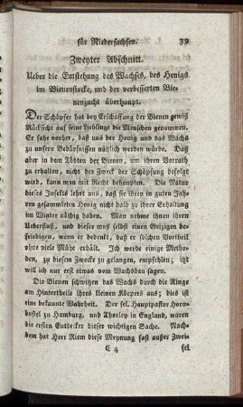 Zweyter Abschnitt. Ueber die Entstehung des Wachses, des Honigs im Bienenstocke, und der verbesserten Bienenzucht überhaupt