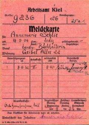 Meldekarte für das Arbeitsamt von Annemarie Schlie