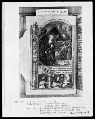 Lateinisches Stundenbuch (Livre d'heures) — Bildseite und Textanfang mit zwei Miniaturen, Folio 38verso