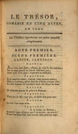 Le trésor : comédie en cinq actes, en vers ; représentée pour la première fois au Théâtre Louvois, le 7 Pluviôse de l'an XII de la République, (28 janvier 1804)