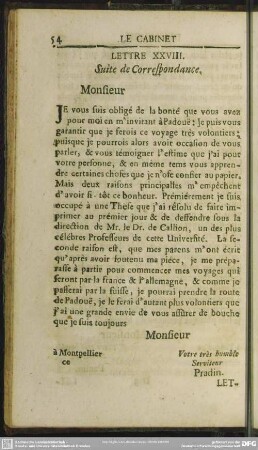 Lettre XXVIII. Suite de Correspondance