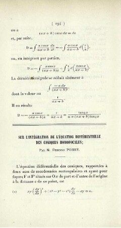 Sur l'intégration de l'équation différentielle des coniques homofocales.