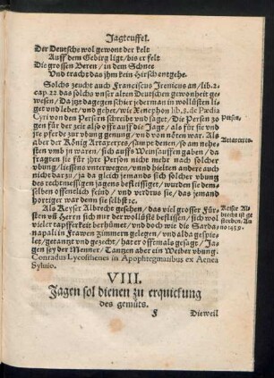 VIII. Jagen sol dienen zu erquickung des gemüts.