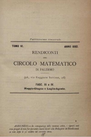 Tomo VI Anno 1892 Maggio - Giugno e Luglio - Agosto.