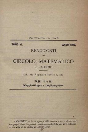 Tomo VI Anno 1892 Maggio - Giugno e Luglio - Agosto.