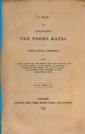 A plan for diminishing the Poor's Rates in Agricultural Districts