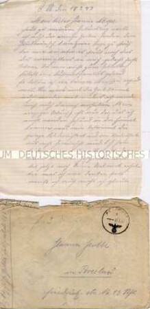 Feldpostbrief eines Wehrmachtssoldaten an seine Ehefrau (mit Kuvert) - Personenkonvolut