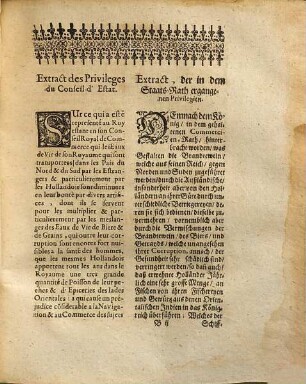 Arrest du Conseil d'Estat qvi deffend a tovs les sviets de Sa Maiesté de charger aucunes eaux de vie sur les vaisseaux hollandois dans toute l'étendüe des costes et ports maritimes de son royaume : du 7 ianuier 1671 = In dem Staats-Rath ergangener Schluß, durch welchen allen Sr. Mayestät Vnterthanen verbotten wird, in dem Bezirck der Seeküsten und Meerhäfen dero Königreich, keine Brandtewein auff holländische Schiffe zu laden