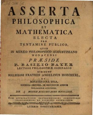 Asserta philosophica et mathematica : electa pro tentamine publico