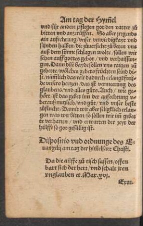 Dispositio und ordnunge des Evangelii am tag der himmelfart Christi.