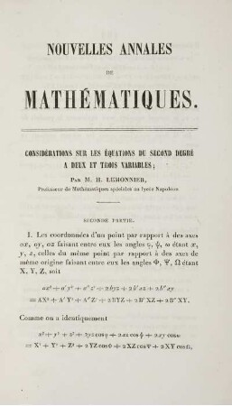 Considérations sur les équations du second degré a deux et trois variables.