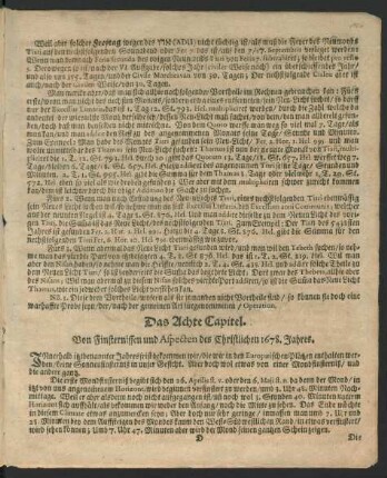Das Achte Capitel. Von Finsternissen und Aspecten des Christlichen 1678. Jahres.