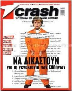 Griechisches Magazin "crash" mit Bundeskanzlerin Merkel in Häftlingskleidung auf dem Titelblatt