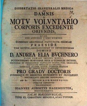 Dissertatio Inavgvralis Medica De Damnis A Motv Volvntario Corporis Excedente Orivndis