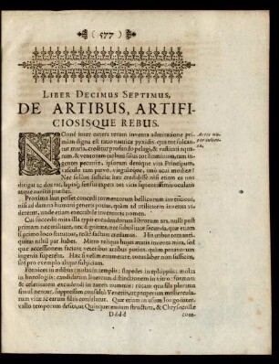 Liber Decimus Septimus, De Artibus, Artificiosisque Rebus.
