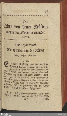 Die Lehre von denen Kräften, womit die Körper in einander wirken