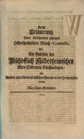 Kurze Erläuterung eines 400-jährigen Hildesheimischen Müntz-Contracts