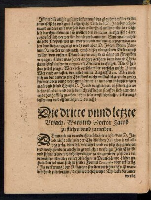 Die dritte unnd letzte Ursach/ Warumb Doctor Jacob zu fliehen unnd zu meiden.