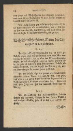 Wahrscheinliche Lebens-Dauer der Einwohner in den Dörfern