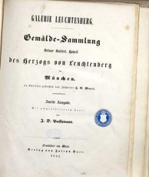 Galerie Leuchtenberg : Gemälde-Sammlung seiner kaiserl. Hoheit des Herzogs von Leuchtenberg in München