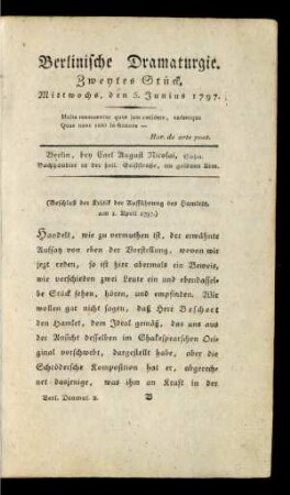 Zweytes Stück. Mittwochs, den 5. Junius 1797