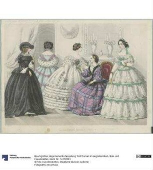 Allgemeine Modenzeitung: fünf Damen in eleganten Reit-, Ball- und Haustoiletten