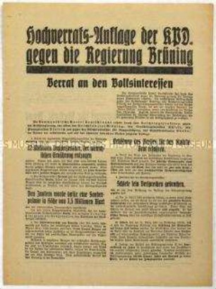 Flugblatt der KPD mit ihrer Hochverrats-Anklage an die Reichsregierung auf Grund der Sozial- und Wirtschaftspolitik