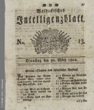 No. 13, Dienstag den 30. März 1802