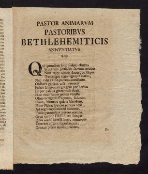 Pastor Animarvm Pastoribvs Bethlehemiticis Annvntiatvs.