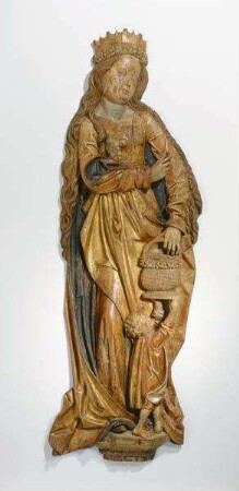 Stehende Heilige Dorothea mit einem Korb, der von einem Kind gehalten wird, zugehörig zu einer Gruppe der vier großen heiligen Jungfrauen (virgines capitales) in Relief