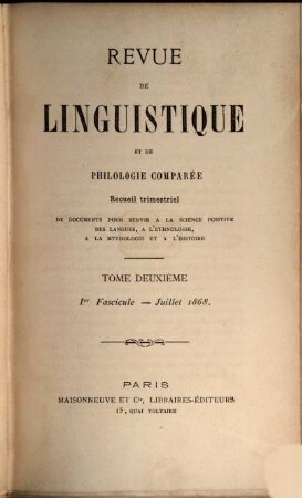 Revue de linguistique et de philologie comparée : recueil trimestriel. 2, 2. 1868/69