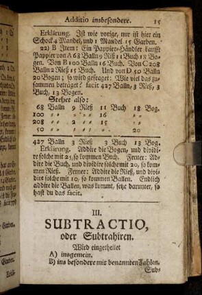 III. Subtractio, oder Subtrahiren