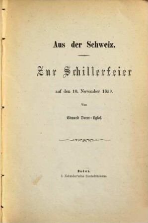 Zur Schillerfeier auf den 10. November 1859