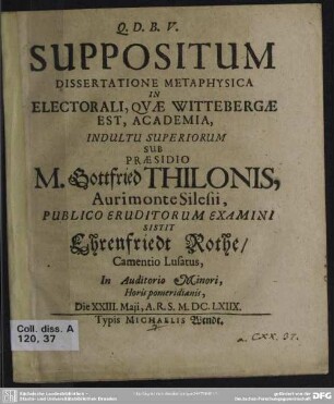 Suppositum dissertatione metaphysica in electorali, quae Wittebergae est, academia