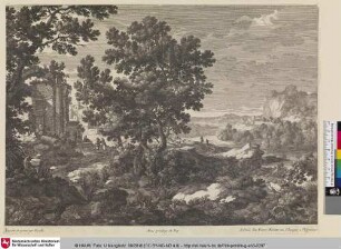 [Landschaft mit einer Ruine an einem Fluss]