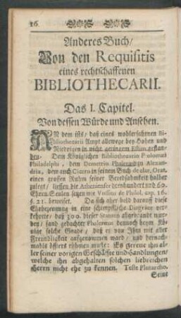 Anderes Buch, Von den Requisitis eines rechtschaffenen Bibliothecarii.