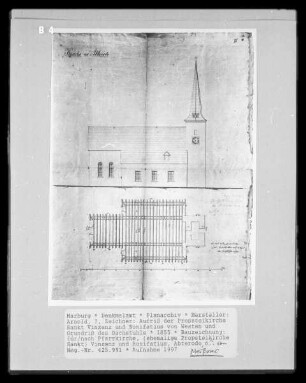 Aufriß der Propsteikirche Sankt Vinzenz und Bonifatius von Westen und Grundriß des Dachstuhls