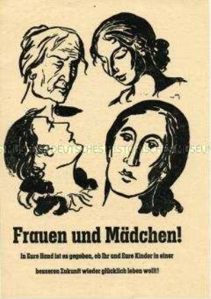 Illustrierter Aufruf des Kommunalen Frauenausschusses Leipzig zu Informationsvorträgen zum Volksentscheid über die Enteignung von Nazi- und Kriegsverbrechern