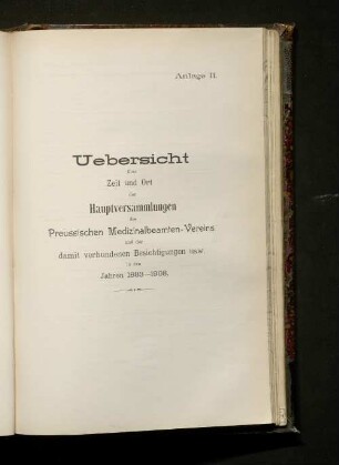 Uebersicht über Zeit und Ort der Hauptversammlungen des Preussischen Medizinalbeamten-Vereins und der damit verbundenen Besichtigungen usw. in den Jahren 1883-1908.